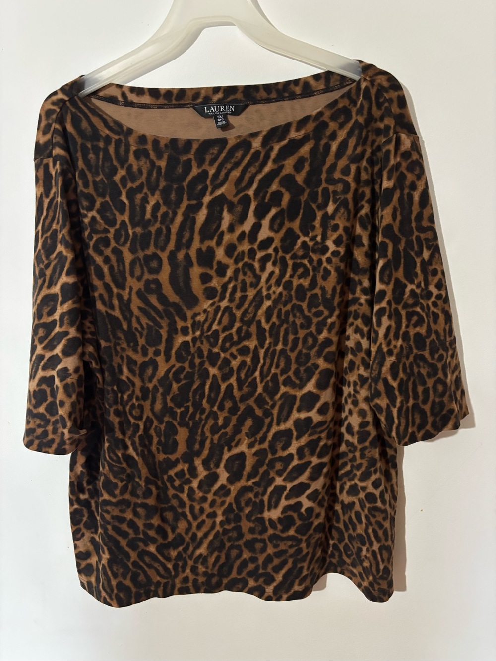 Lauren Ralph Lauren 3X Leopard Print Boat Neck Top Flare Sleeves